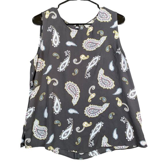 LOFT Outlet Womens Blouse Black Multi Paisley Crew Neck Tank Bow Back Medium - Picture 1 of 11